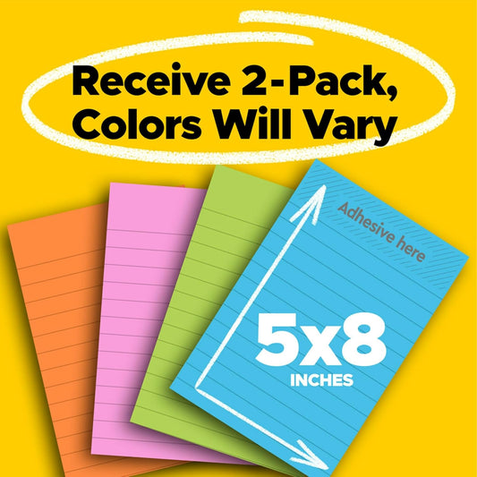 Post-it Super Sticky Notes, 2 Lined Sticky Note Pads, 5 x 8 in., School Supplies, Office Products, Notes for Vertical Surfaces, Monitors, Walls and Windows, Energy Boost Collection, Colors Will Vary