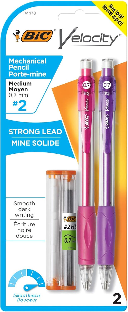 BIC Velocity Mechanical Pencils, With Colorful Barrel, Medium Point (0.7mm), 4-Count Pack Mechanical Pencils With Eraser and Lead Refills