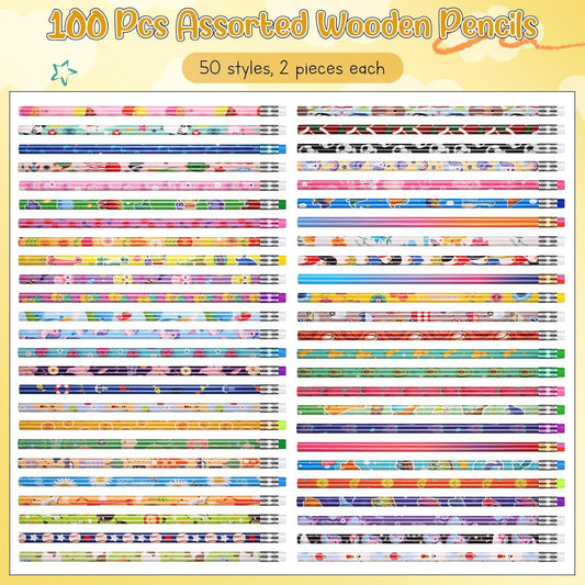 Sabary 100 Pcs Assorted Wood Pencil Bulk 50 Styles #2 HB Colorful Novelty Fun Dinosaur Animals Fruits Sports Pencils with Erasers for Teacher Reward
