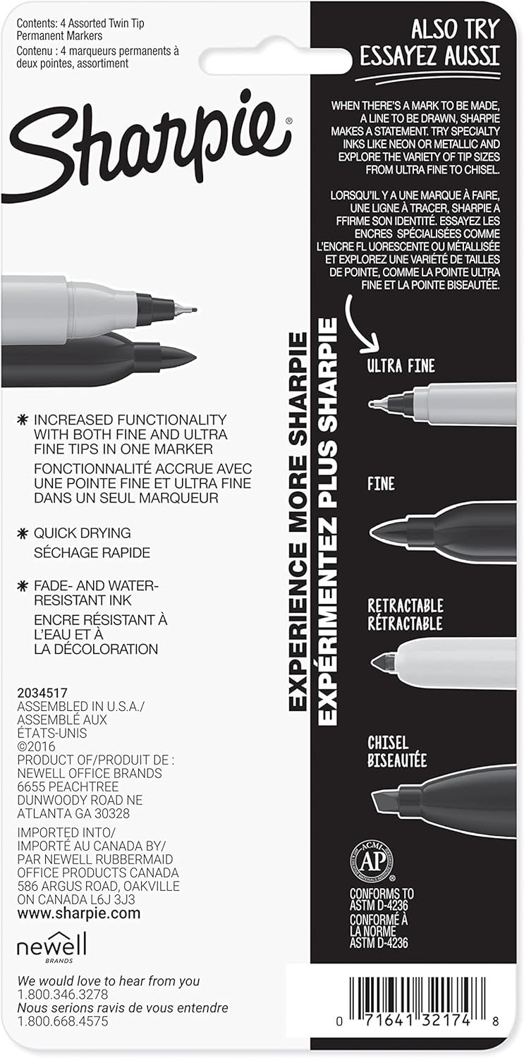 Sharpie Twin Tip Permanent Markers, Fine and Ultra Fine, Black, 4 Count