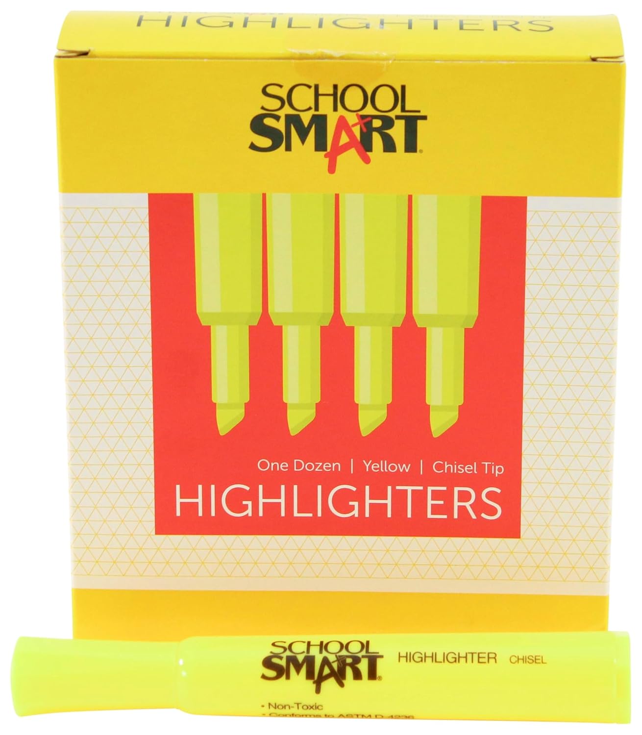 School Smart Tank Style Highlighters, Chisel Tip, Yellow, Pack of 12