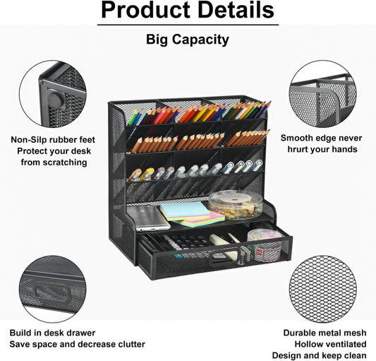 Marbrasse Mesh Pen Holder for Desk, Multi-Functional Pencil Organizer with Drawer, Desk Organizers and Accessories for Office Art Supplies (Black)