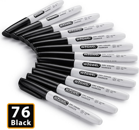 WOSWEL Dry Erase Markers Bulk, 76 Pack Black Fine Tip Whiteboard Markers, Fine Point, Low Odor Dry Erase Markers for School Office Home, Non-Toxic Easy Clean