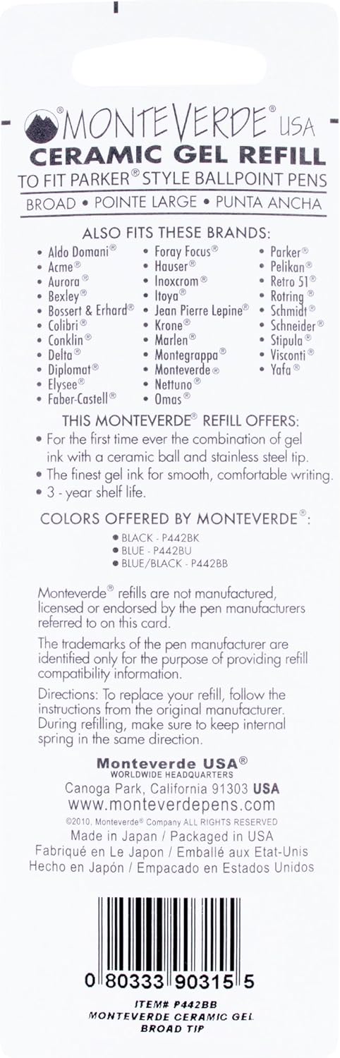 Monteverde USA Capless Ceramic Gel Refills to Fit Parker Pens, Broad Point, Blue Ink, 2-Pack – Smooth and Vibrant Writing Solution