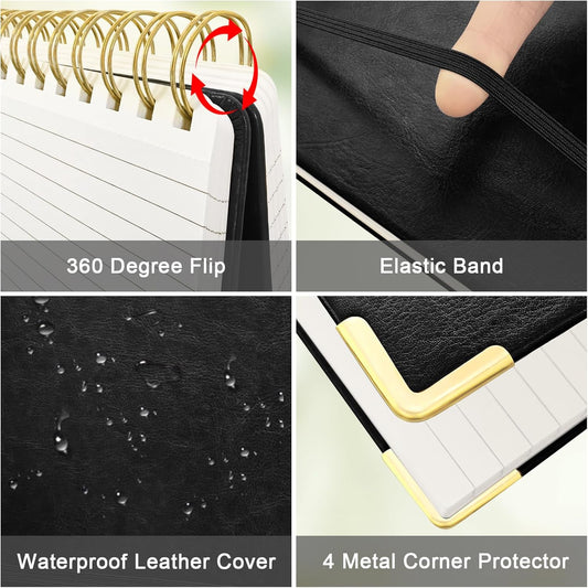 A5 Top Spiral Notebook, Large Leather Hardcover Top Bound Steno Pads, 240 Pages 100 gsm Thick Lined Paper Left Handed Notebook Journal for Work, School, Meeting Writing - Brown, 5.9" x 8.5"