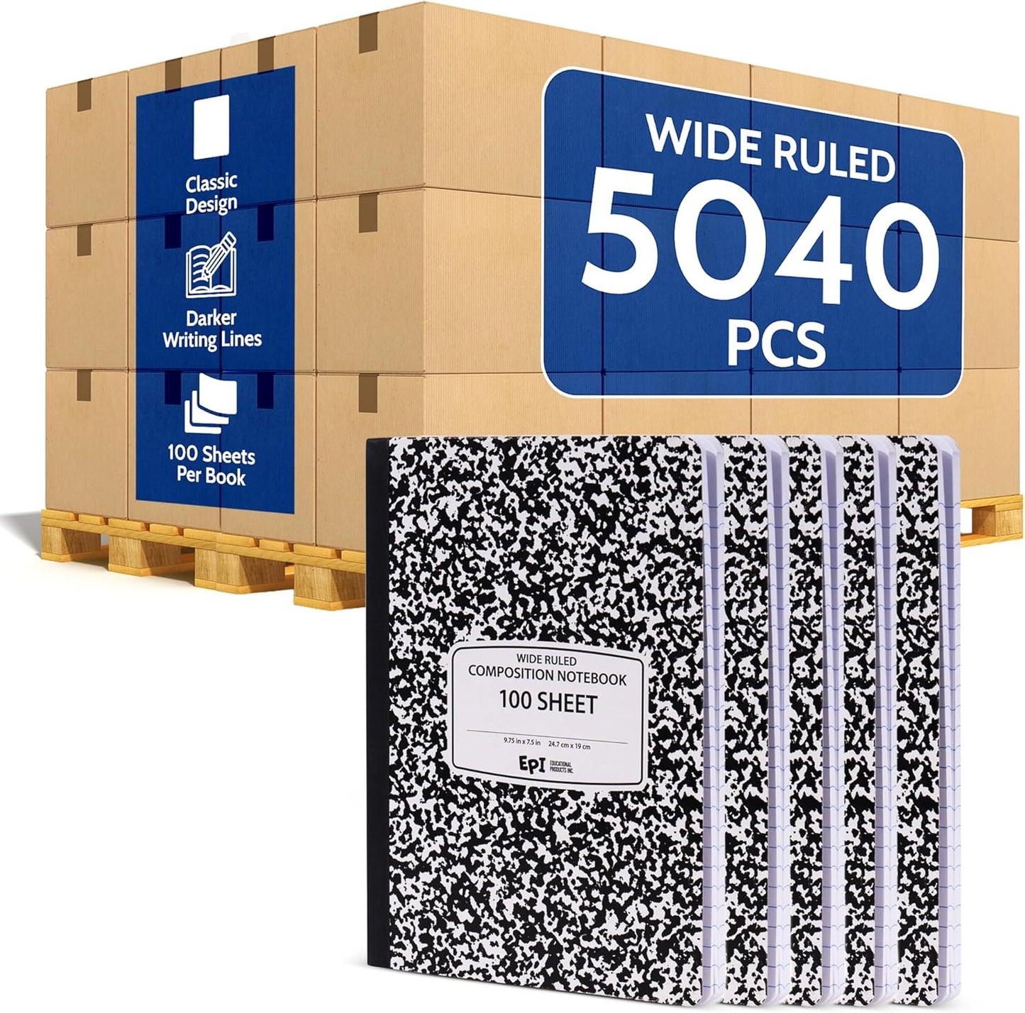 48 Pack - EPI Marble Hardcover Wide Ruled Composition Notebook | 200 Pages (100 Sheets), 9.75 x 7.5 in, Sturdy Sewn Binding | School, Office, Journaling, Notes
