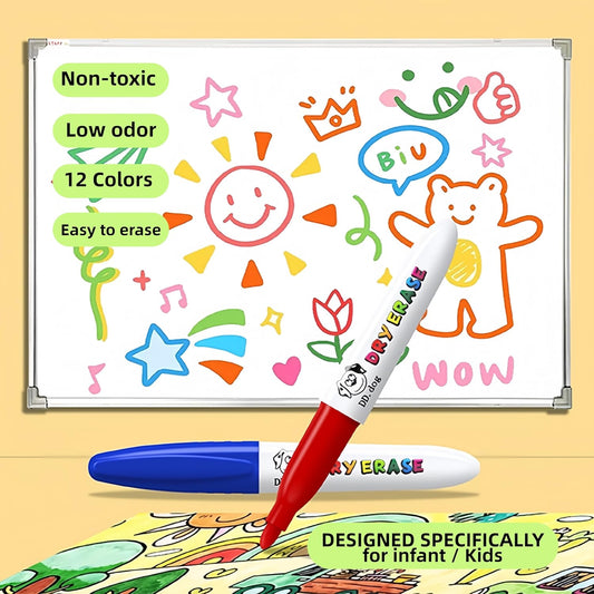 Colorful Mini Whiteboard Markers for Kids, 12 Non-Toxic Fine Tip Dry Erase Markers, Low-Odor Doodling & Drawing Pens, 3.8in Small Art Set for School & Home (12 Pack)