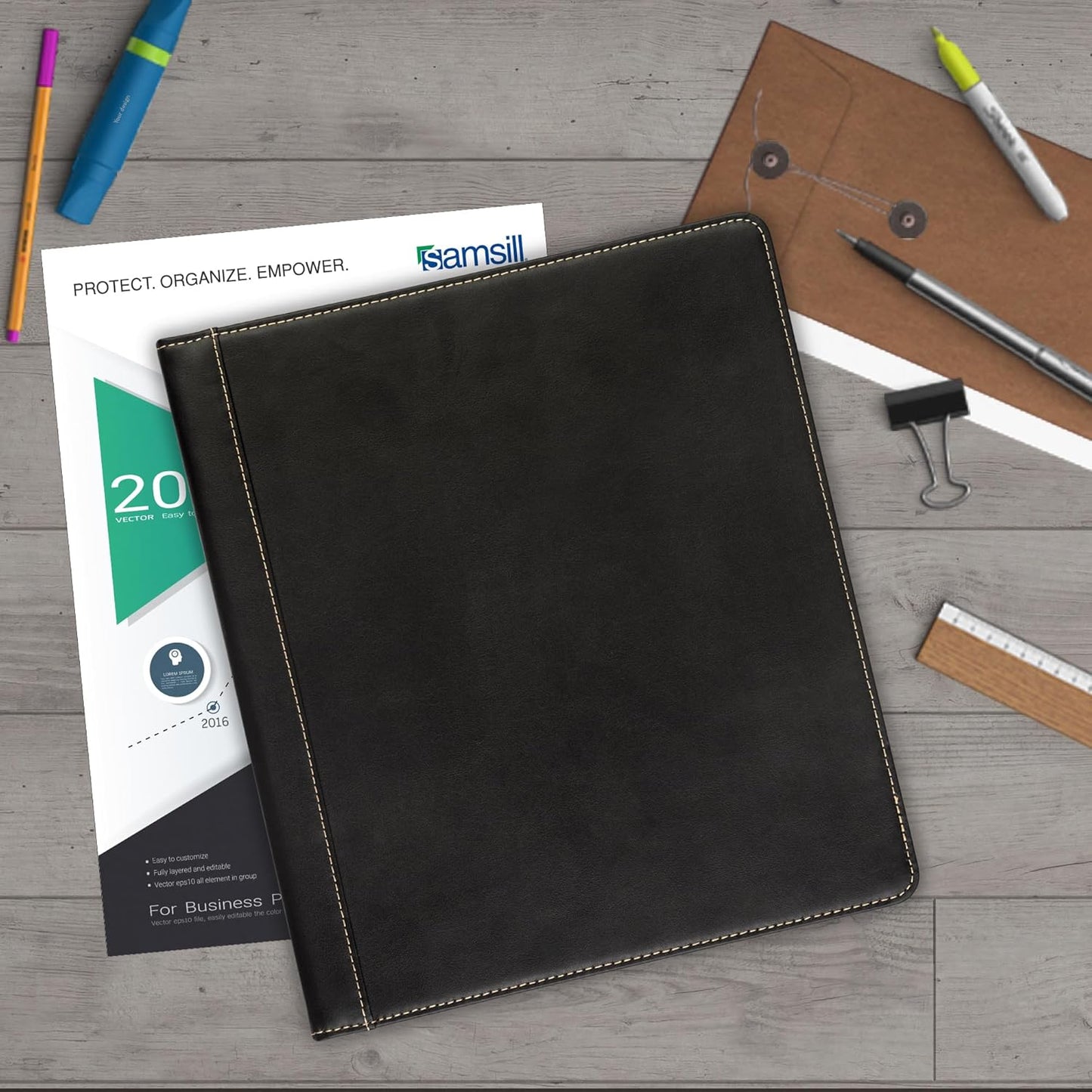 Samsill 1 Inch 3 Ring Binder, Leather, Black with Contrast Stitching, 8.5X 11 Inch, 3 Rings, Notebook Binder, Portfolio Organizer, Planner, Journal