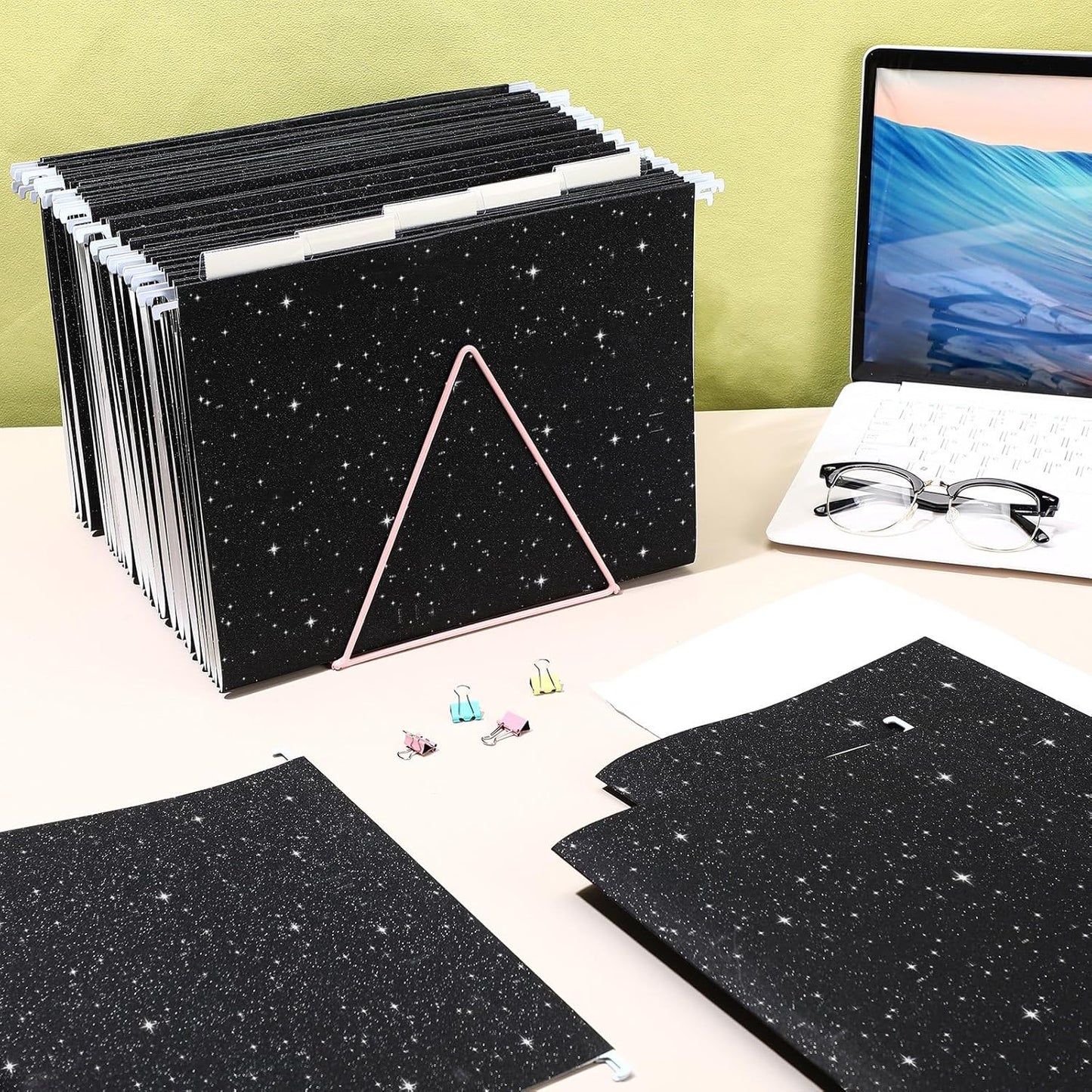 25 Pcs Black Hanging File Folders 12 x 9.25'' Glitter Hanging Folders with 25 Paper 1/5 Cut Adjustable Tab and 25 Plastic Tab for Medical Charts Office Desktop