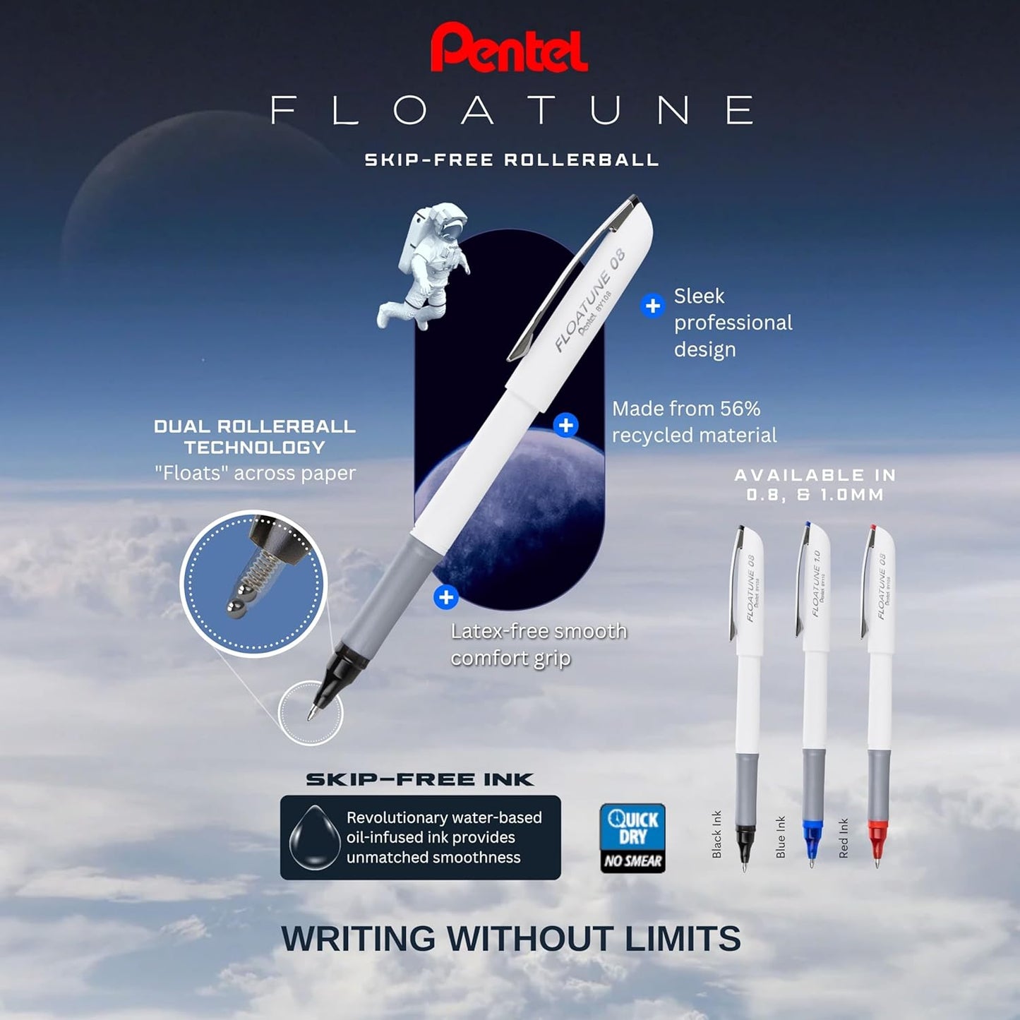 Pentel Floatune Rollerball Pen, (1.0mm), Bold Point, Black Ink, Pack of 8 (BY110PF8A)