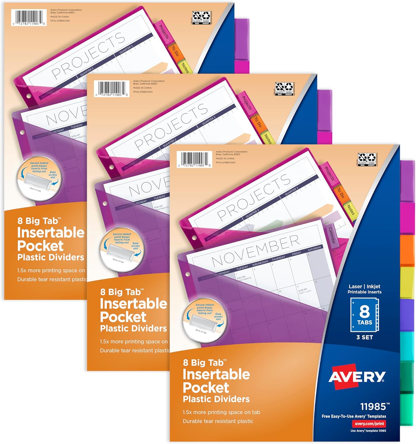 Avery Insertable 8 Tabs Plastic Divider for 3 Ring Binders with Pocket, Works with Sheet Protectors, 3 Sets (8 Colors)
