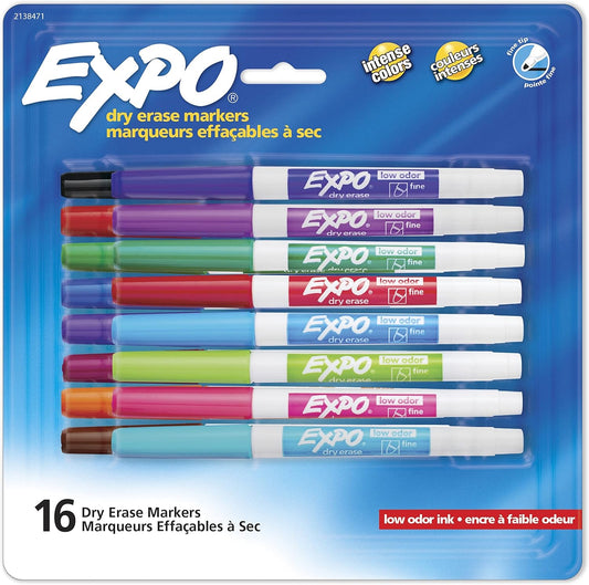 EXPO Dry Erase Markers, Whiteboard Markers with Low Odor Ink, Fine Tip, Assorted Vibrant Colors, 16 Count