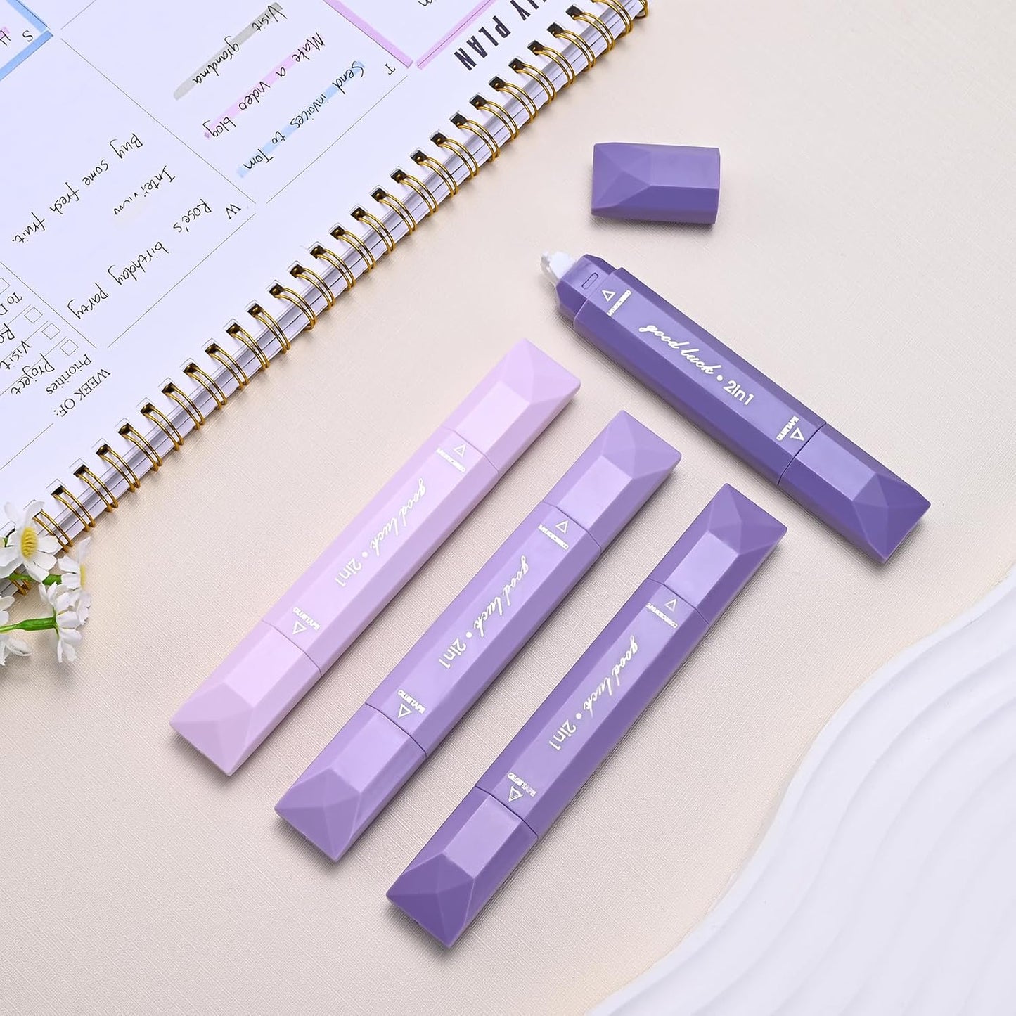 Temiary 4 Pcs 2 in 1 White Correction Tape and Double Sided Roller Set, Aesthetic Smooth Pull Out Tapes with Adhesive Glue Tape Roller Runner for School Office Supplies (Pink)