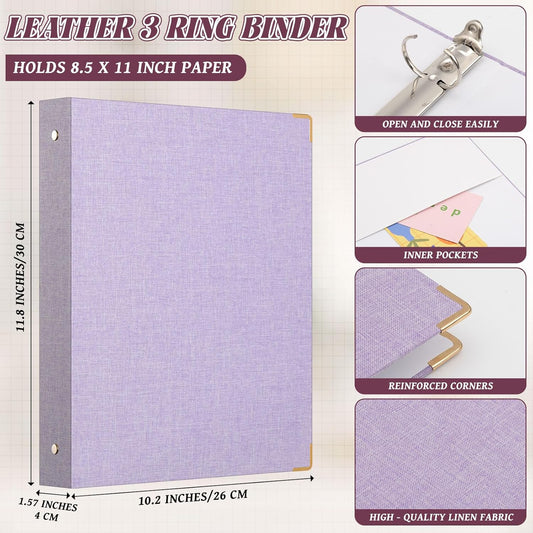 Fulmoon 6 Pcs Aesthetic 3 Ring Binders with Linen Cover 1 Inch Round Rings Binder with Inner Pocket 8.5" x 11" Binder Fits Letter Sized Durable for School Office and Home (Lavender)