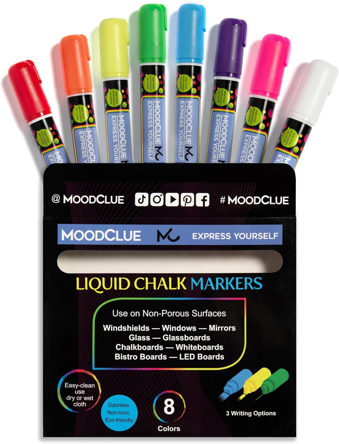 MoodClue Liquid chalk markers 12 neon erasable Whiteboards, glass boards, chalkboards, windows, mirrors, car windshields, auto, glass. Odorless, non-toxic. Wet or dry erase. Thick and thin tip