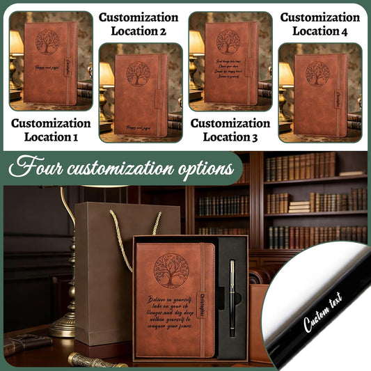 Personalized Text A5 Lined Journal Notebook for Men Women Custom Leather Journal Life Tree Notepad Gift to Writing Travel Business Work School College (Custom notebook - 4)