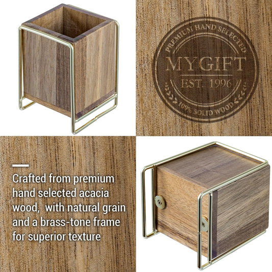 MyGift Premium Acacia Solid Wood Pen Pencil Cup with Textured Fluted Design, Desktop Wooden Office Supply Organizer Holder