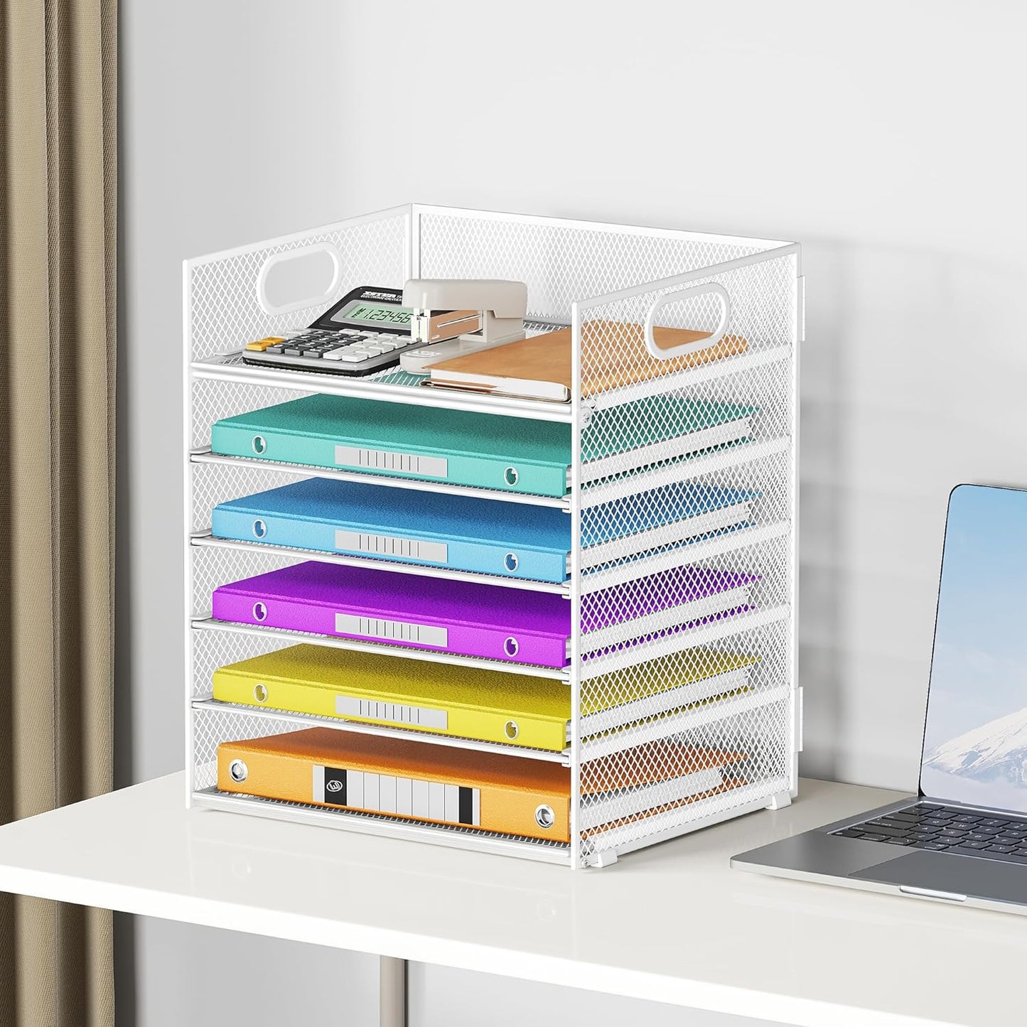 Lavatino 5 Tray Desk File Organizer, Black Mesh Paper Sorter Letter Tray Organizer with Handle, Desktop File Organizer and Storage for Letter/A4 Office File Folder