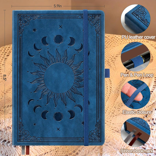 Journal Notebook for Women/Men, Daily for Classic Lined Writing,360 Pages Leather Hardcover with Vintage Sun & Moon Design, SeaGreen, A5 (14.5 x 21 cm)