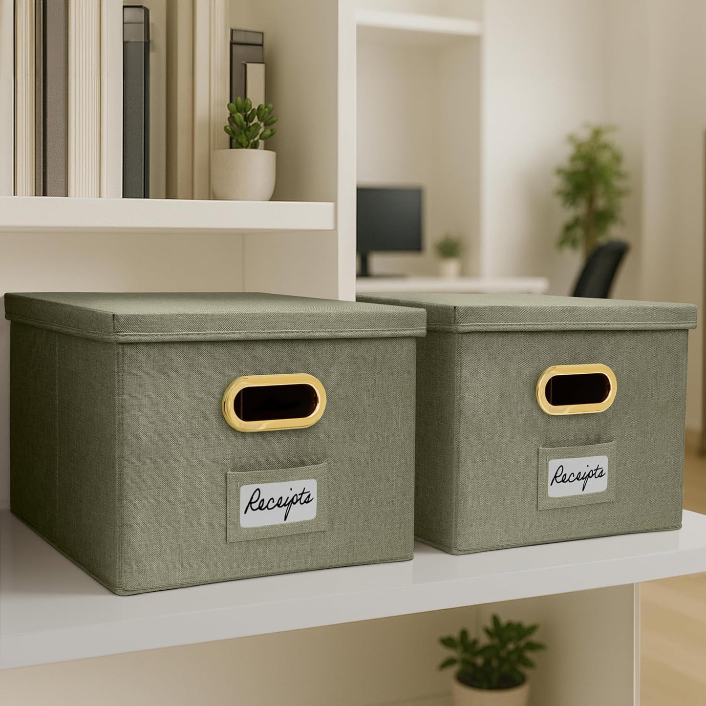 ZICOTO Decorative File Organizer Box Set of 2 - Collapsible Linen Filing Cabinets w/Handles Are Perfect to Store all Your Documents & Hanging File Folders - Portable Easy Slide Crates with Lid