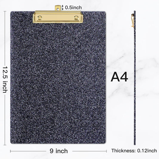 Piasoenc Acrylic Clipboards, Fashion Glitter Clip Board with Low Profile Gold Clip, Designed for Classroom School and Office Use, A4 Letter Size 9 x 12.5 in,Clear