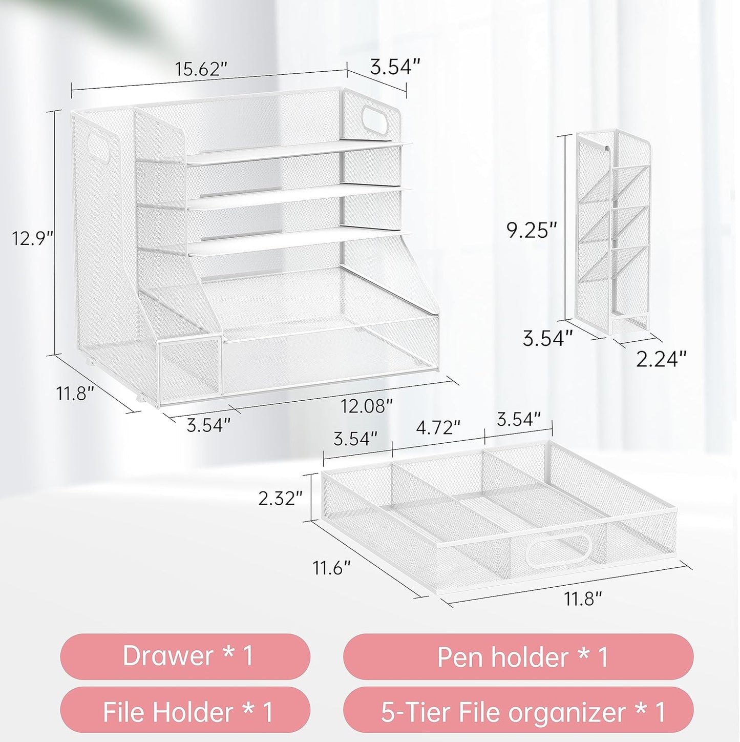 SUPEASY Desk Organizer with File Holder, 5-Tier Mesh Paper Letter Tray Organizer with Pen Holder and Drawer, Desktop Organizer and Storage with 3 Tilted File Sorter for Office Supplies, Blue