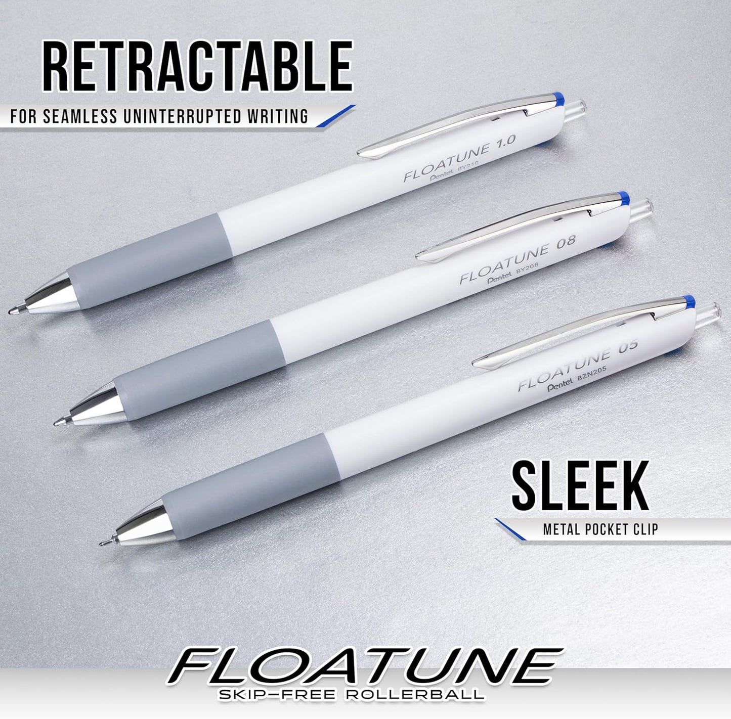 Pentel Floatune Retractable Rollerball, 0.8mm Medium Point, Black Ink, 5-pk (BY208PF5A)