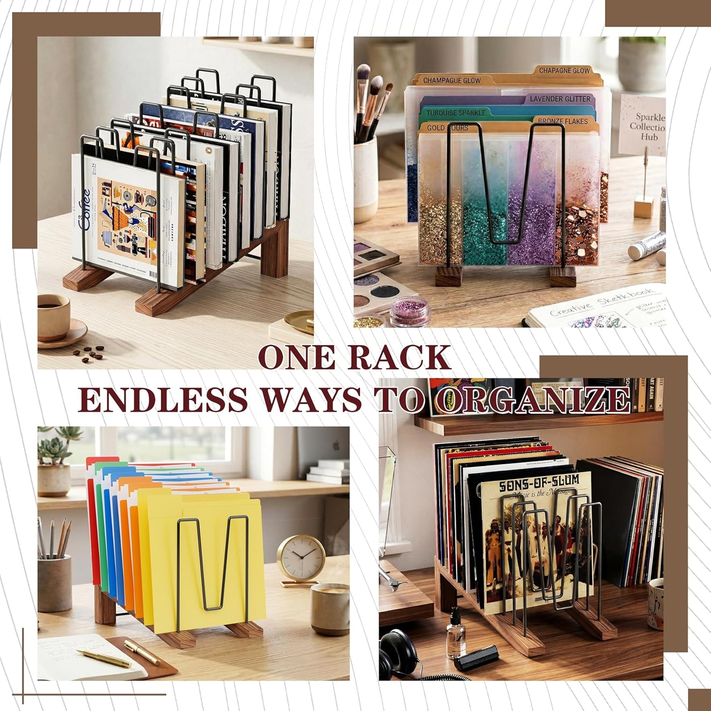 TREWAVE Inclined File Organizer for Desk, Adjustable 7-Section Vertical Desk File Organizer with Wooden Base, Metal Desktop Paper Folder Holder for Office, Home, Classroom and School Workspace