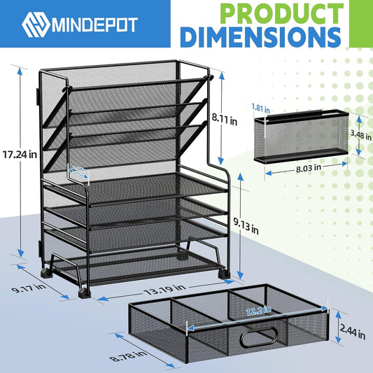 MINDEPOT 4-Tier Paper Organizer + 3-Pocket File Holder + Drawer + Pen Holders, Desktop File Organizers Paper Tray for Office Supplies School Classroom Organization (Black, No Drawer & Pen Holder)