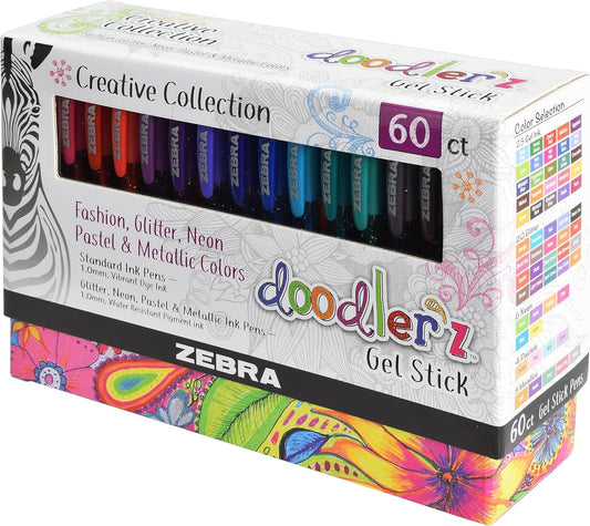 Zebra Pen, doodler’z Gel Stick Pens, 1.0mm Needle-Point Tip, Glitter, Neon, Pastel, Metallic Gel Ink, Vibrant Assorted Colors, Water-Based Ink, Art and School Pens, 60 Count Pack (41960)