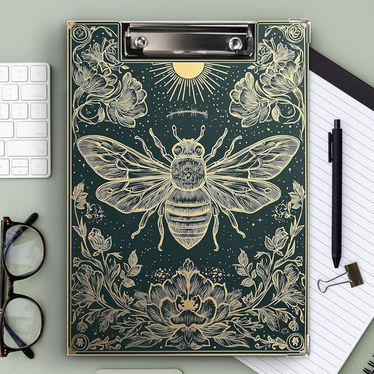 KU-DaYi Vintage Bee Floral Clipboard Padfolio with Storage Pocket, Bee Gifts for Women, Gothic Bumblebee Flower Low Profile Clip Boards for Nurse Office Classroom, 12.4 x 9.25 in