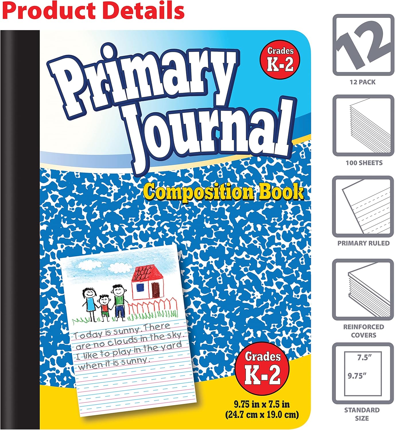 Better Office Products Primary Journal, Hardcover, Primary Composition Book Notebook - Grades K-2, 100 Sheet, One Subject, primary composition notebook with picture space