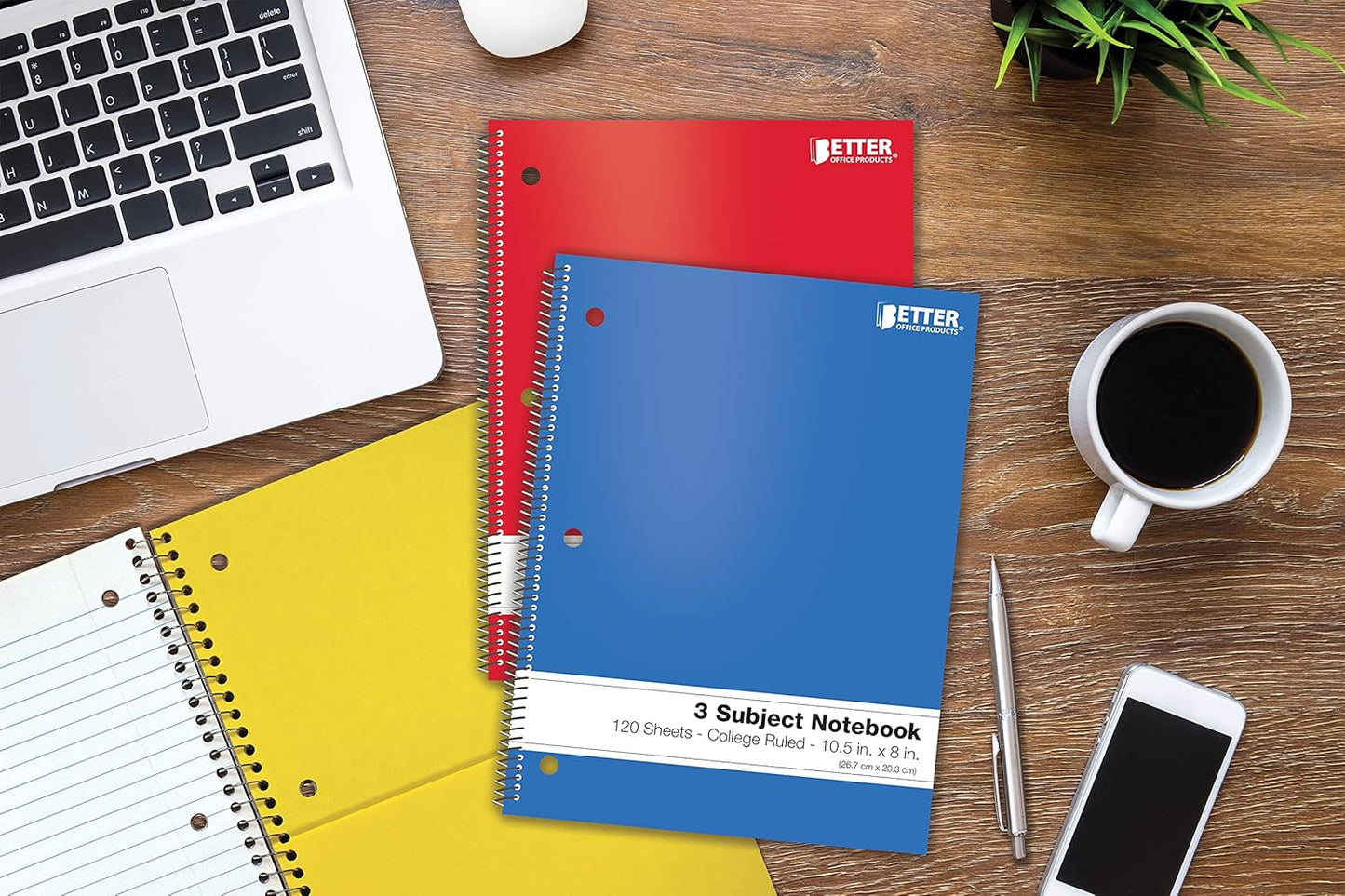 Better Office Products Spiral Notebooks 3-Subject, 6 Pack, College Rule, 120 Sheet Notebook with Sturdy Pocket Dividers, 10.5 x 8 inches, 6 Assorted Primary Colors, 6 Pack