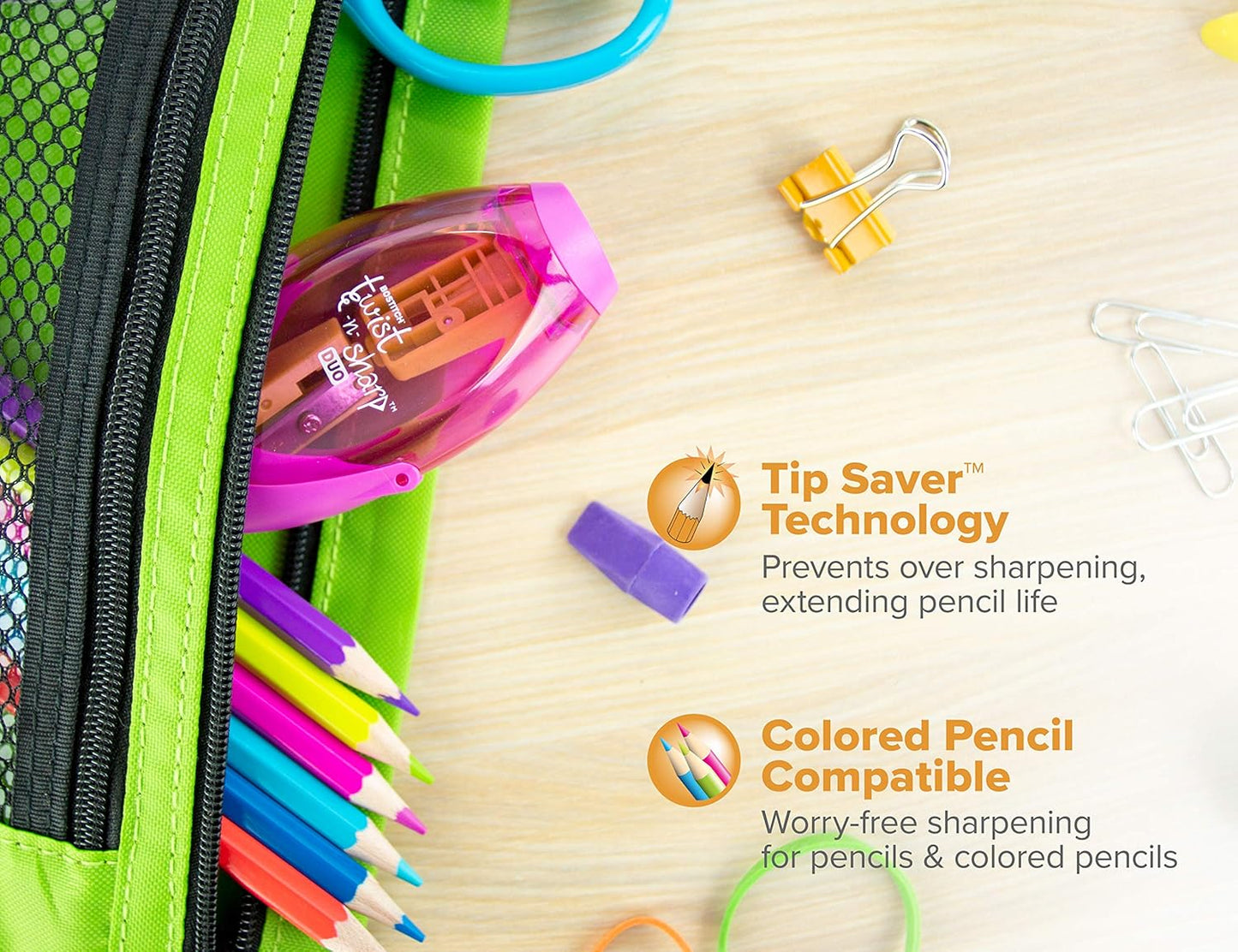 Bostitch Office Twist-N-Sharp Manual Pencil Sharpener, 2 Holes for Standard and Jumbo Pencils with Ratchet Technology, 1 Sharpener Random Color