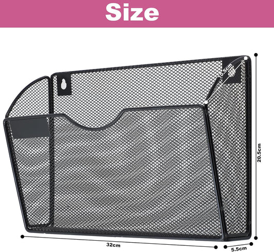 1 Pocket Mesh Wall File Holder Organizer Office Hanging File Folder Magazine Rack, Nametag Label Hooks Set Included (Black)