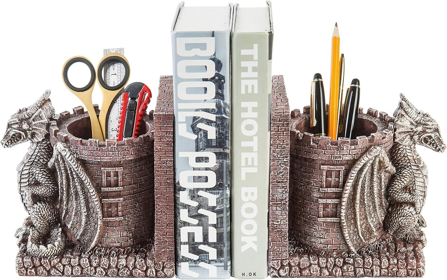 Bookends Dragon, Gothic Black Resin Dragon Guarding Castle Pencil Cup Bookends, Office Desk Book Ends with Decorative Fantasy Dragons and Stone Tower Pen Holders, 1 Pair