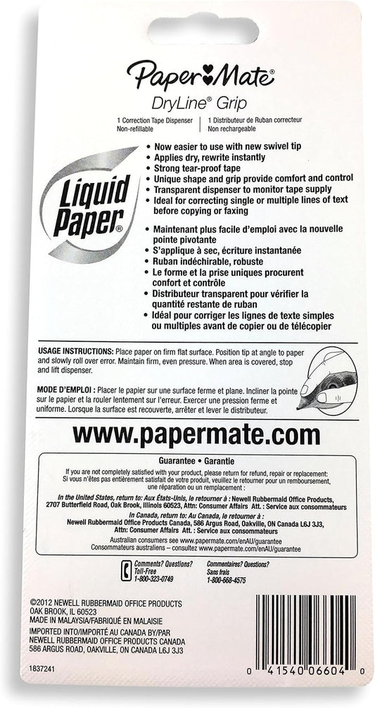 Paper Mate 660415 Liquid Paper DryLine Grip Correction Tape Dispenser, Pack of 4; Transparent Green Body; 1/5 inches Wide x 27.8 feet Long White Tape; Applies Dry, Rewrite Instantly; Swivel Tip