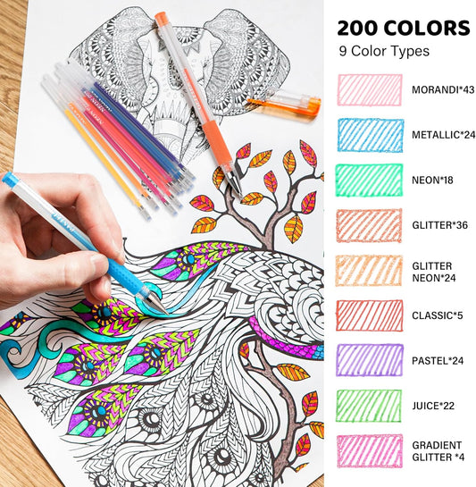 400 Pack Gel Pens for Adult Coloring Books, 200 Colored Gel Pen Include 200 Refills with 40% More Ink,Glitter Gel Pens Set for Coloring Books Drawing Journaling Scrapbook Art Supplies