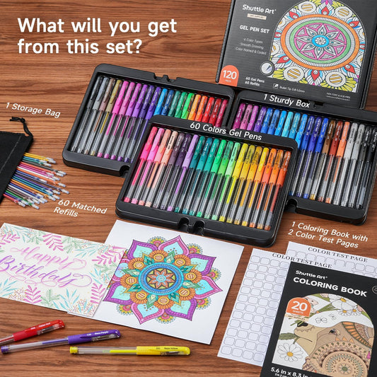 Shuttle Art Gel Pens, 120 Pack Gel Pen Set 60 Colored Gel Pen with 60 Refills for Adults Coloring Books Drawing Doodling Crafts Scrapbooking Journaling
