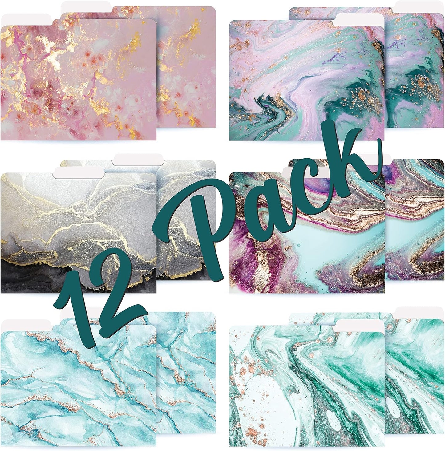 Better Office Products Decorative File Folders, 12 Pack, 6 Designs, Heavyweight, Letter Size (9.5" x 11.5") with 1/3 Cut Tab, Marble Designs, Fashion Folders