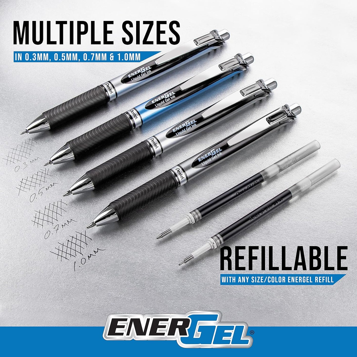 Pentel EnerGel Deluxe RTX Gel Ink Pens, 0.7 Millimeter Metal Tip, Blue Ink, 3-Pack (BL77BP3C)