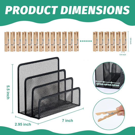 3-Slot Desktop Bill Holder with 32 Numbered Date Clips (1-31) & 1 Blank Wooden Clips Black Metal Mail Sorter Desktop Letter Organizer Vertical Fits Bill Document Filing Folders Paper for Office Home