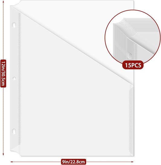 15 Pack 3 Hole Punch Colored Plastic Document Folders, Poly Translucent Slash File Jackets, US Letter/A4 Size 20C (2mm) Clear Pocket File Folders, Copy Safe Plastic Document Sleeves