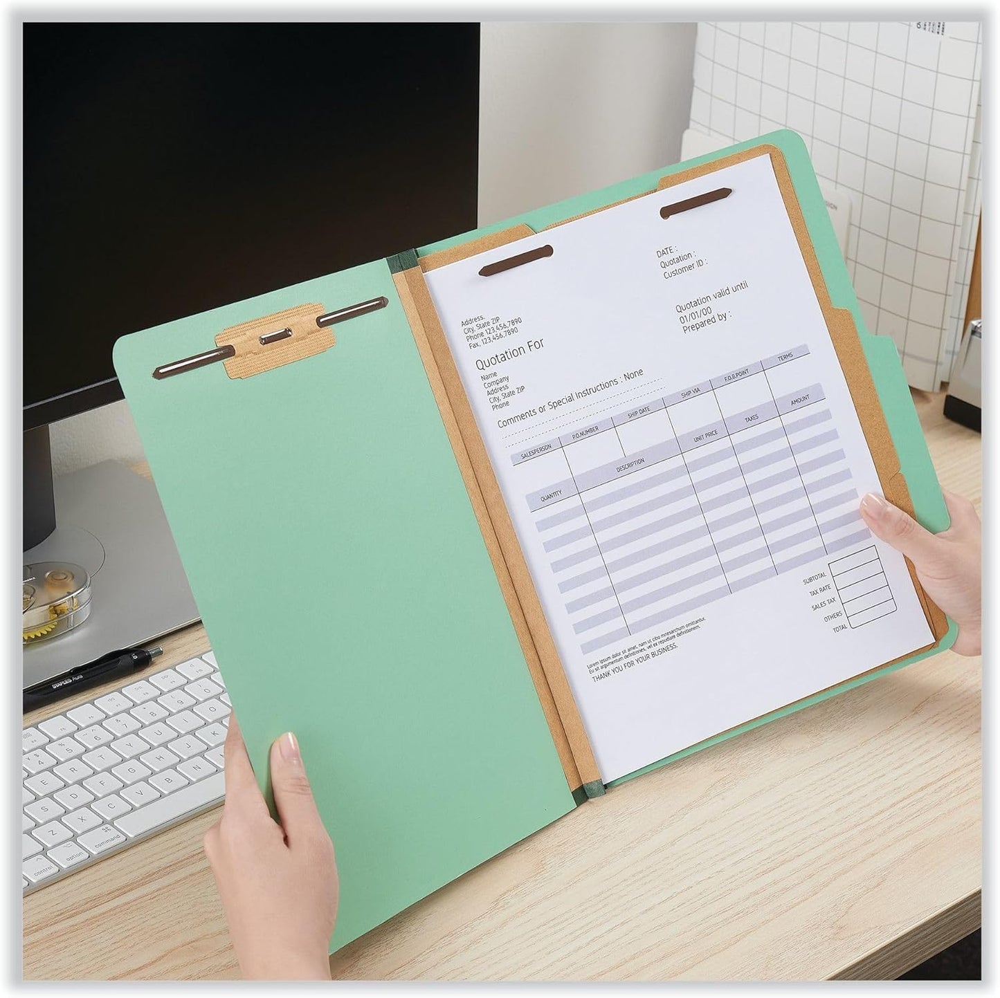 Six-Section Classification Folders, Heavy-Duty Pressboard Cover, 2 Dividers, 6 Fasteners, Letter Size, Light Green, 20/Box
