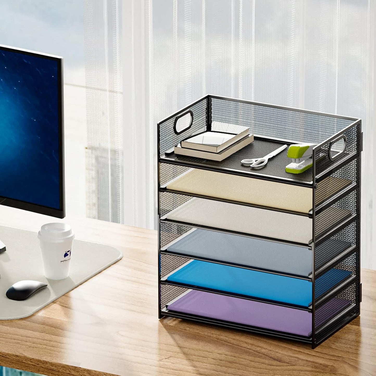 6 Tier Paper Organizer Letter Tray - Mesh Desk File Organizer with Handle, Paper Sorter Organizer for Letter/A4 Office File Folder Holder - Black