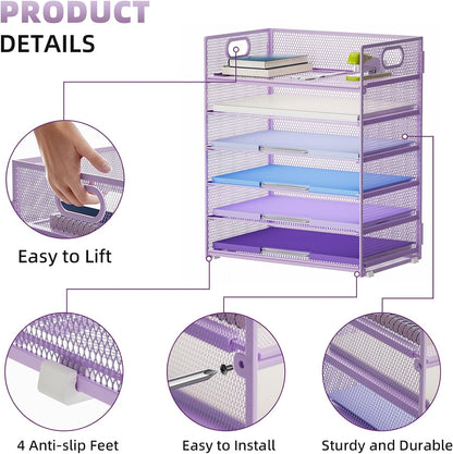 6 Tier Paper Organizer Letter Tray - Mesh Desk File Organizer with Handle, Paper Sorter Organizer for Letter/A4 Office File Folder Holder - Black