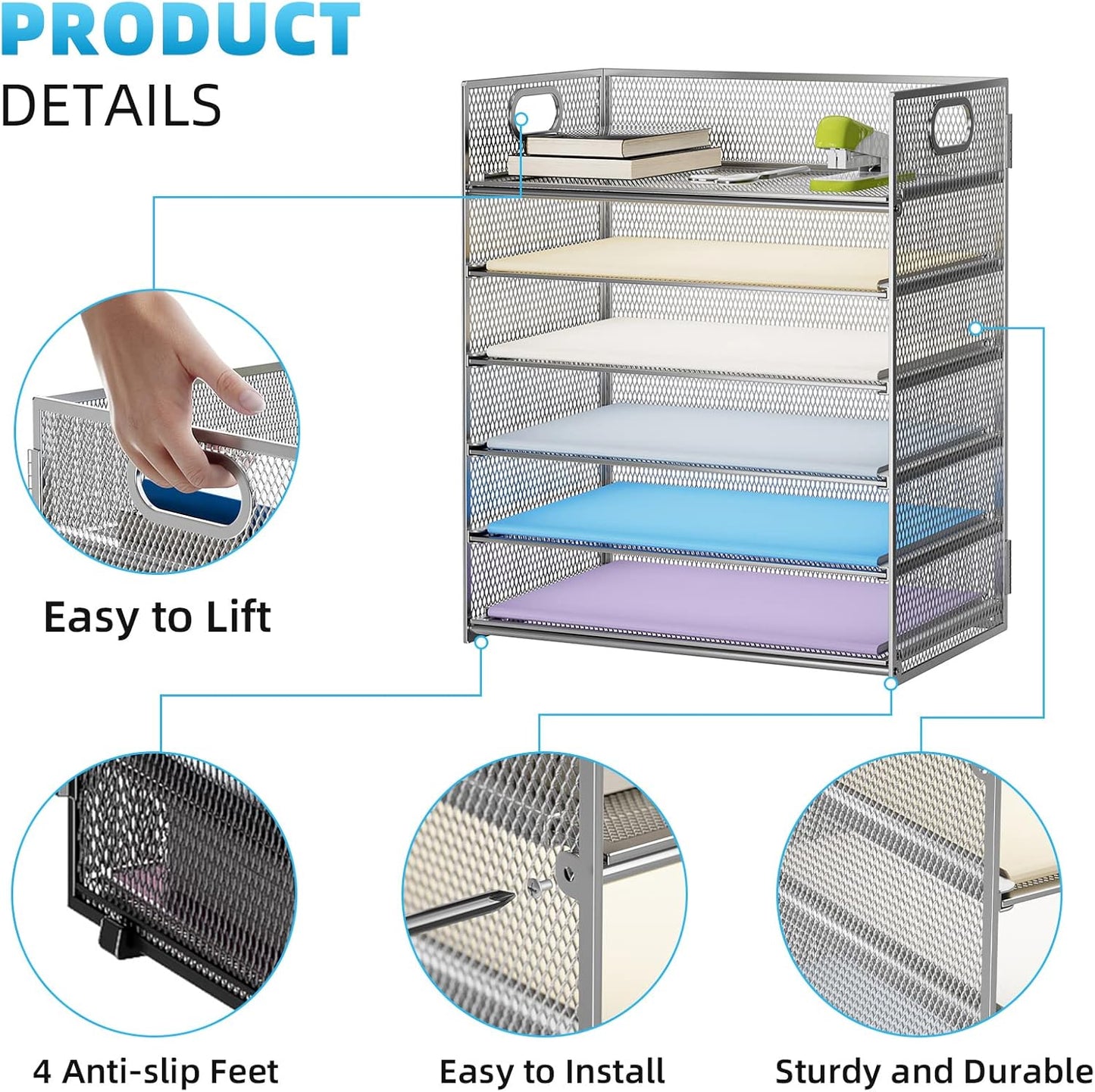 6 Tier Paper Organizer Letter Tray - Mesh Desk File Organizer with Handle, Paper Sorter Organizer for Letter/A4 Office File Folder Holder - Black