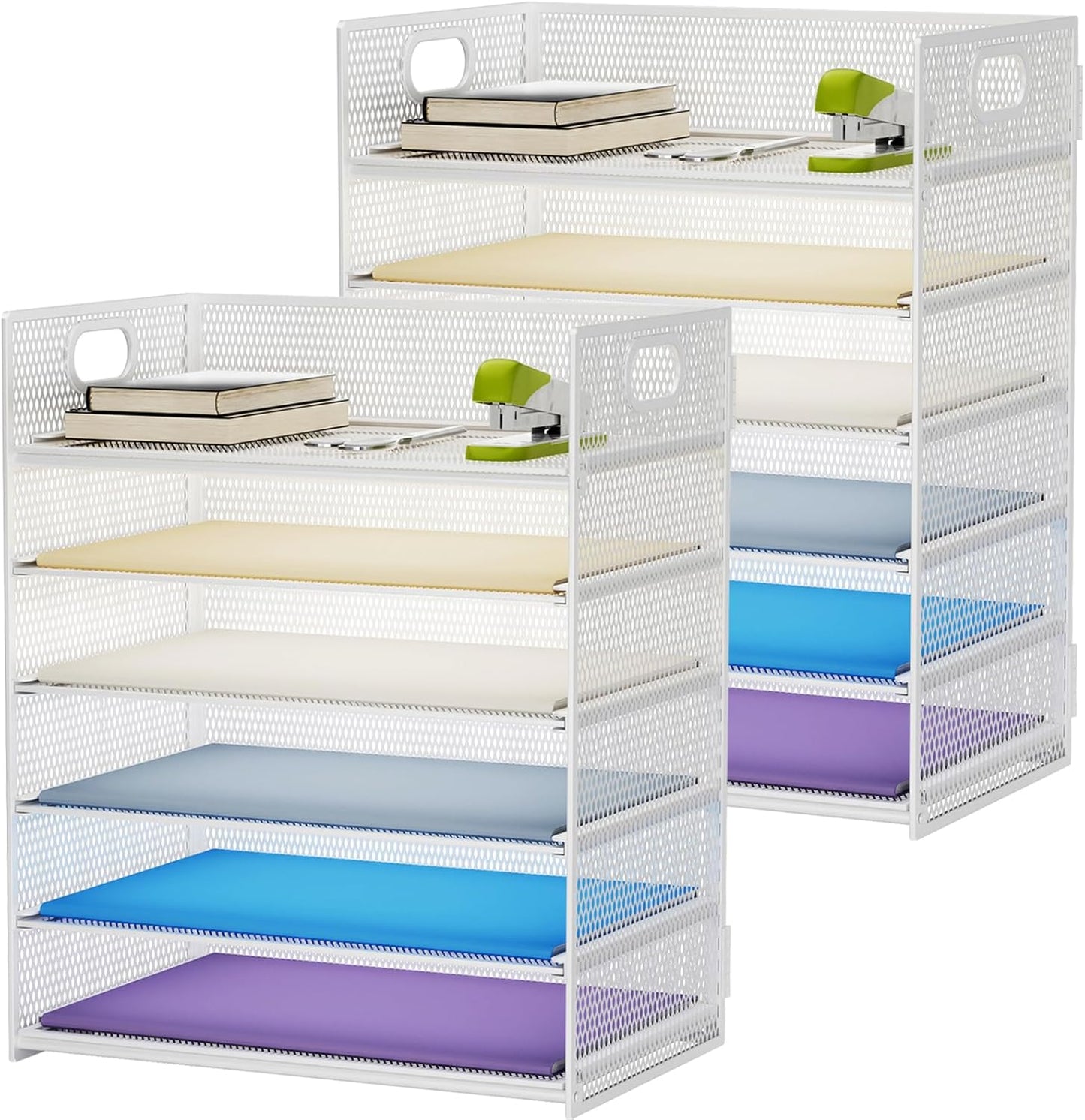 6 Tier Paper Organizer Letter Tray - Mesh Desk File Organizer with Handle, Paper Sorter Organizer for Letter/A4 Office File Folder Holder - Black