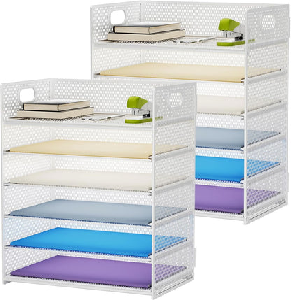 6 Tier Paper Organizer Letter Tray - Mesh Desk File Organizer with Handle, Paper Sorter Organizer for Letter/A4 Office File Folder Holder - Black