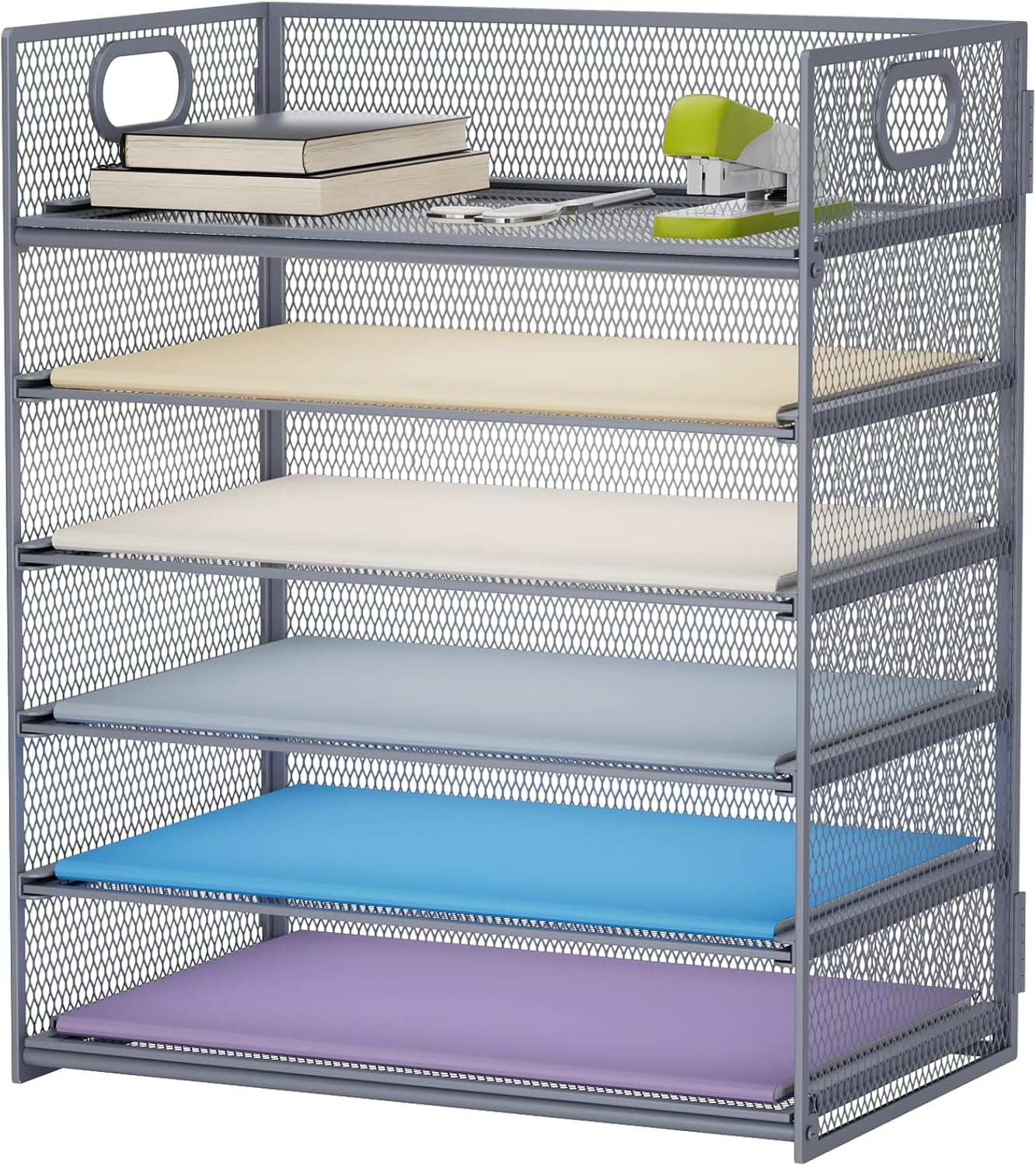 6 Tier Paper Organizer Letter Tray - Mesh Desk File Organizer with Handle, Paper Sorter Organizer for Letter/A4 Office File Folder Holder - Black